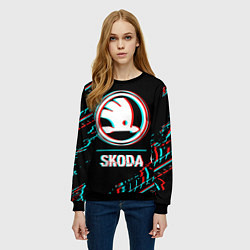 Свитшот женский Значок Skoda в стиле glitch на темном фоне, цвет: 3D-черный — фото 2