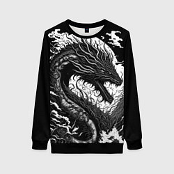 Свитшот женский Черно-белый дракон и волны, цвет: 3D-черный