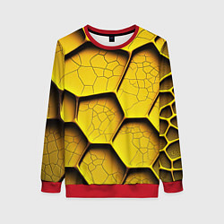 Свитшот женский Желтые шестиугольники с трещинами - объемная текст, цвет: 3D-красный