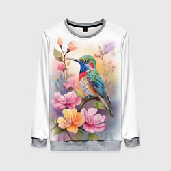 Свитшот женский Колибри и цветы - акварель, цвет: 3D-меланж