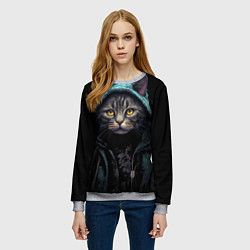 Свитшот женский Кот в капюшоне стиль киберпанк, цвет: 3D-меланж — фото 2