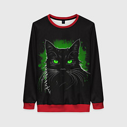 Женский свитшот Портрет черного кота в зеленом свечении