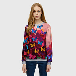 Свитшот женский Разноцветные бабочки - розовые цветы, цвет: 3D-меланж — фото 2