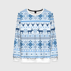 Свитшот женский Blue sweater with reindeer, цвет: 3D-белый