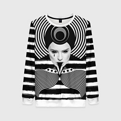 Свитшот женский Черно белый портрет девушки на полосатом, цвет: 3D-белый