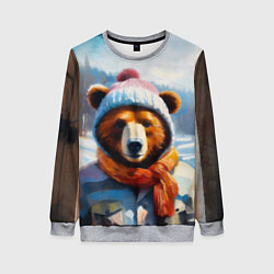 Свитшот женский Бурый медведь в зимней одежде, цвет: 3D-меланж