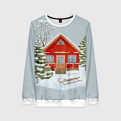 Свитшот женский Красный дом в зимнем лесу, цвет: 3D-белый