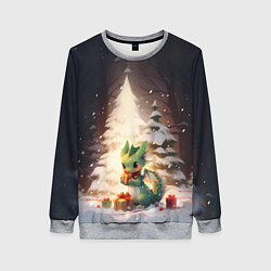Свитшот женский Чиби-дракон под ёлкой с подарками, цвет: 3D-меланж