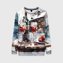 Свитшот женский Новогодние напитки на фоне зимнего пейзажа, цвет: 3D-меланж