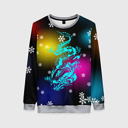 Свитшот женский Праздничный дракон и снежинки, цвет: 3D-меланж