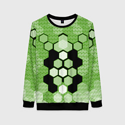 Свитшот женский Зелёная кибер броня hexagons, цвет: 3D-черный