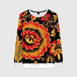 Свитшот женский Хохломская роспись красно-жёлтые цветы на чёрном ф, цвет: 3D-белый