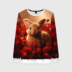 Свитшот женский Влюбленный кролик в розах, цвет: 3D-белый