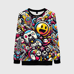 Свитшот женский Паттерн с играми, цвет: 3D-черный