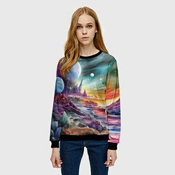 Свитшот женский Акварельный пейзаж далёкой планеты, цвет: 3D-черный — фото 2