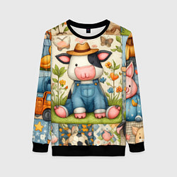 Свитшот женский Прикольный телёнок и его друзья - пэчворк, цвет: 3D-черный