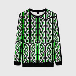 Свитшот женский Бело-зелёные треугольники на чёрном фоне, цвет: 3D-черный