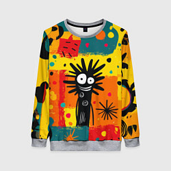 Свитшот женский Красочная абстракция с черным персонажем, цвет: 3D-меланж
