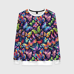 Свитшот женский Бабочки в паттерне разноцветный яркий фон, цвет: 3D-белый