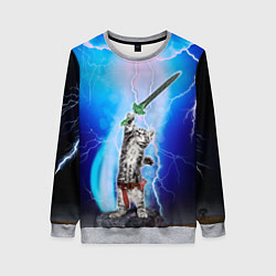 Свитшот женский Кот-рыцарь с мечом экскалибур под молниями, цвет: 3D-меланж