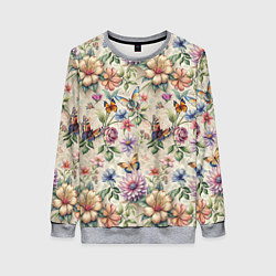 Женский свитшот Летний узор с цветами и бабочками