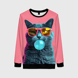 Свитшот женский Кот надувает жвачку, цвет: 3D-черный