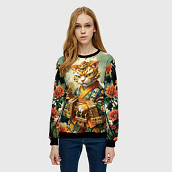 Свитшот женский Кот в кимоно в японском стиле, цвет: 3D-черный — фото 2