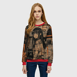 Свитшот женский Девчонка на фоне газетных вырезок, цвет: 3D-красный — фото 2