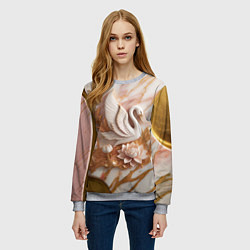 Свитшот женский Фарфоровый лебедь и лотос на розовом мраморе, цвет: 3D-меланж — фото 2