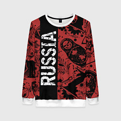 Женский свитшот Россия на фоне матрёшек балалайки и славянских узо