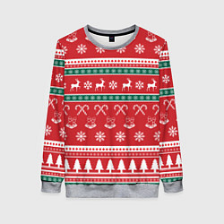 Женский свитшот Новогодний паттерн с оленями снежинками леденцами