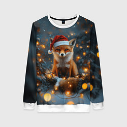 Свитшот женский Новогодняя лисица в праздничном лесу, цвет: 3D-белый