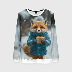Свитшот женский Лисица держит подарок, цвет: 3D-белый