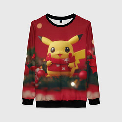 Свитшот женский Пикачу новогодний в красном шарфе, цвет: 3D-черный