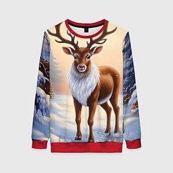 Свитшот женский Олень в зимнем лесу, цвет: 3D-красный