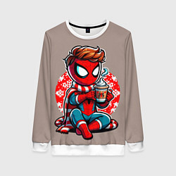 Свитшот женский Новогодний человек-паук с горячим шоколадом, цвет: 3D-белый