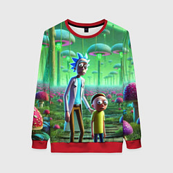 Свитшот женский Рик и Морти в фантастическом неоновом грибном лесу, цвет: 3D-красный