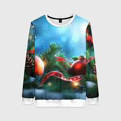 Свитшот женский Красные игрушки новогодние, цвет: 3D-белый
