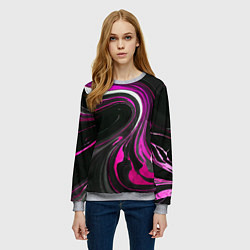 Свитшот женский Волнистые бело-розовые линии на чёрном фоне, цвет: 3D-меланж — фото 2