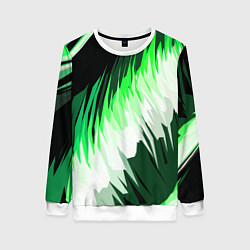 Свитшот женский Зелёно-белая абстракция на чёрном фоне, цвет: 3D-белый