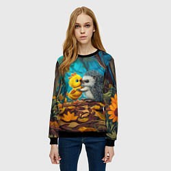 Свитшот женский Милые ежик с цыпленком в осеннем лесу, цвет: 3D-черный — фото 2