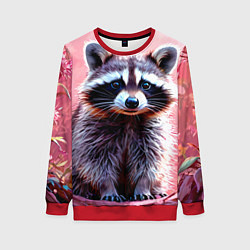 Свитшот женский Енот в розовом лесу, цвет: 3D-красный