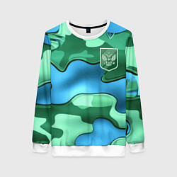 Свитшот женский Зелено-голубой камуфляж и герб РФ, цвет: 3D-белый