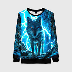 Свитшот женский Волк в разрядах молнии, цвет: 3D-черный