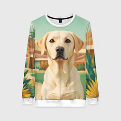 Свитшот женский Лабрадор на фоне пальм, цвет: 3D-белый