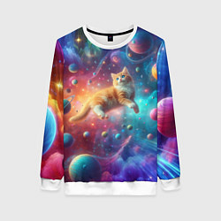 Свитшот женский Рыжий космический котёнок - неоновое свечение, цвет: 3D-белый