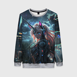 Свитшот женский Девушка - единорог киберпанк, цвет: 3D-меланж