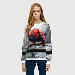 Свитшот женский Человек-паук палзет на стене, цвет: 3D-белый — фото 2