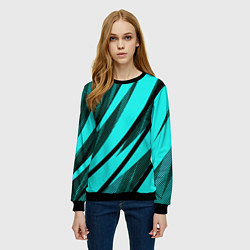 Свитшот женский Неоновый голубой с чёрным абстракция с полосами, цвет: 3D-черный — фото 2