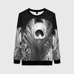 Свитшот женский Изогнутые белые перья павлина - чб иллюстрация, цвет: 3D-черный